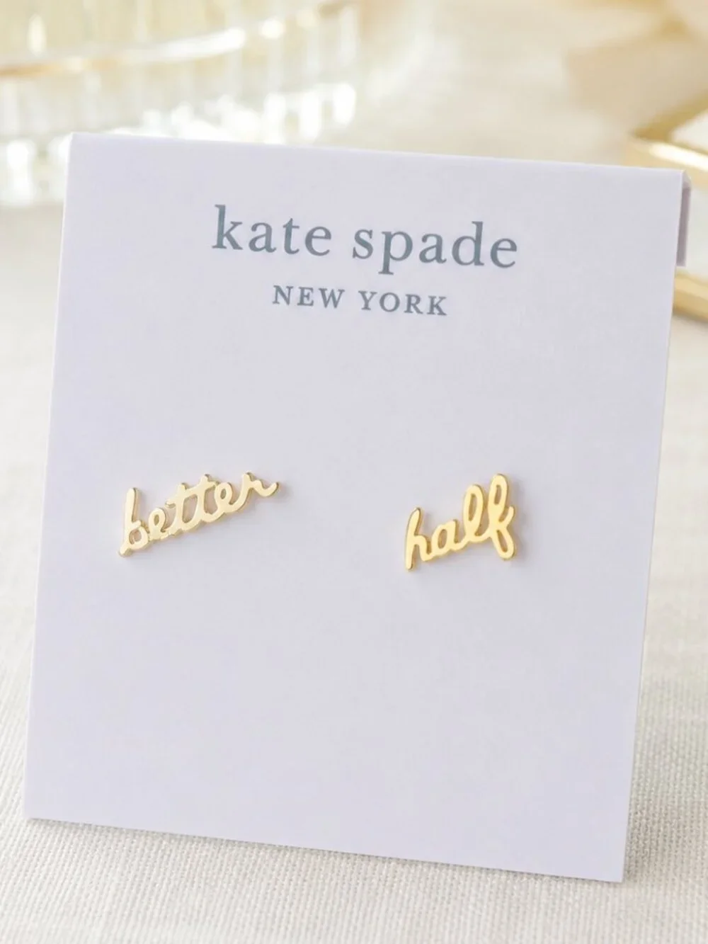 Kate Spade Better Half Gold Script Mismatched Stud Earrings NWT